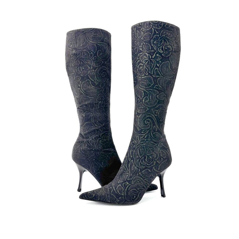 Vintage Roberto Cavalli Denim Floral Print Knee High Pointed Toe Boots 37.5 - Picture 2 of 10
